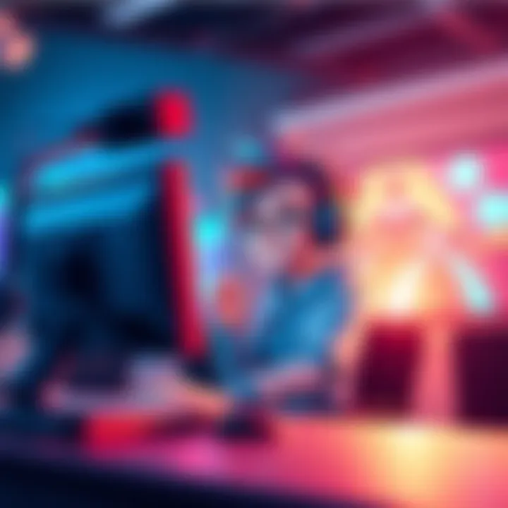 A vibrant VTuber character with colorful hair and animated features, sitting at a computer, streaming to an online audience with excitement.