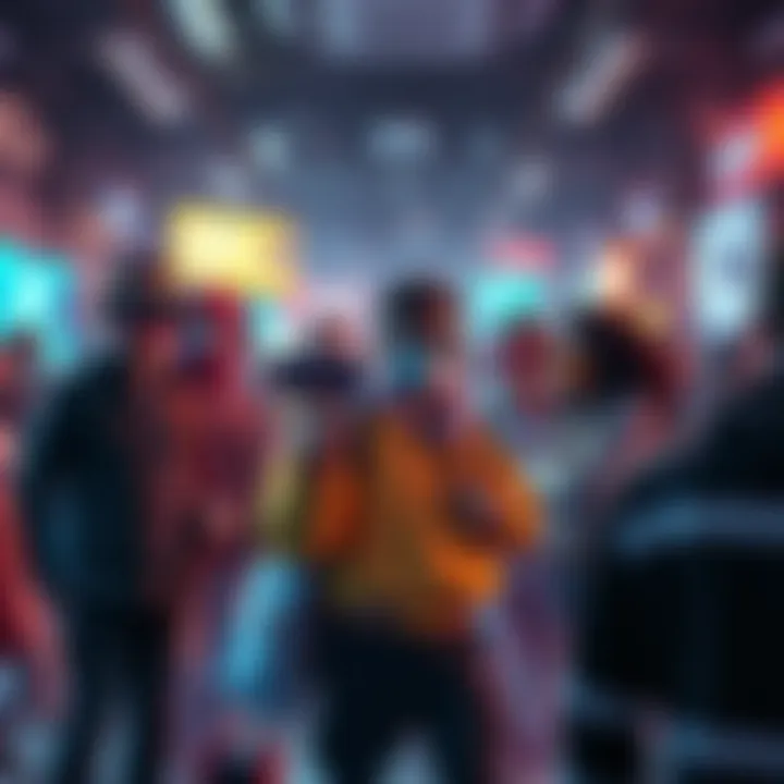 A colorful scene featuring various VTuber characters engaging with fans in a lively virtual space, showcasing their unique styles and personalities.