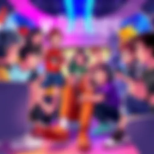 A group of animated V-Tubers interacting and engaging in a livestream, showcasing various characters from different creators, including Raden and others, with colorful backgrounds representing their u...