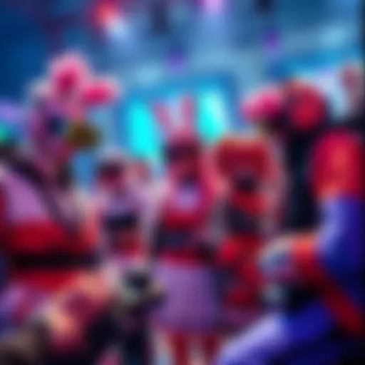 A group of VTuber cosplayers showcasing colorful outfits and digital elements, interacting with online fans during a live stream event.