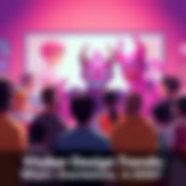 Vtuber Design Trends A colorful illustration of various Vtuber characters, showcasing a pink demonic design among other styles, with people discussing their opinions in the background.