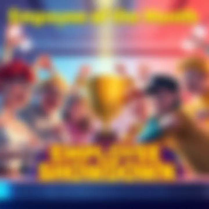 A colorful scene of VTuber characters competing in fun challenges, showcasing excitement and laughter, with a trophy in the center symbolizing Employee of the Month.