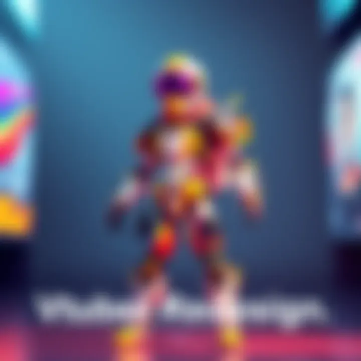 A colorful Vtuber character with a unique exoskeleton design featuring bright colors and creative patterns, standing in a dynamic pose