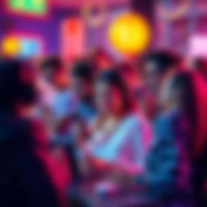 Colorful fan art featuring popular VTubers engaging with fans in a lively setting