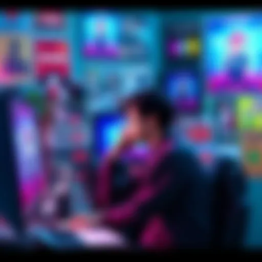 A dedicated vtuber fan sitting in front of a computer, surrounded by vtuber merchandise and posters, sharing their thoughts on the vtuber community