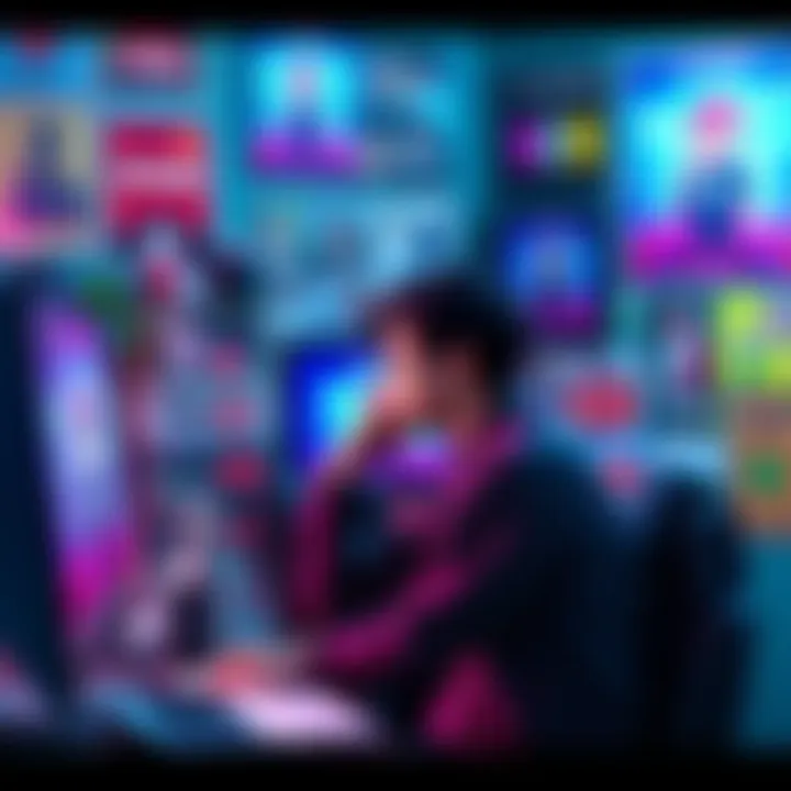 A dedicated vtuber fan sitting in front of a computer, surrounded by vtuber merchandise and posters, sharing their thoughts on the vtuber community
