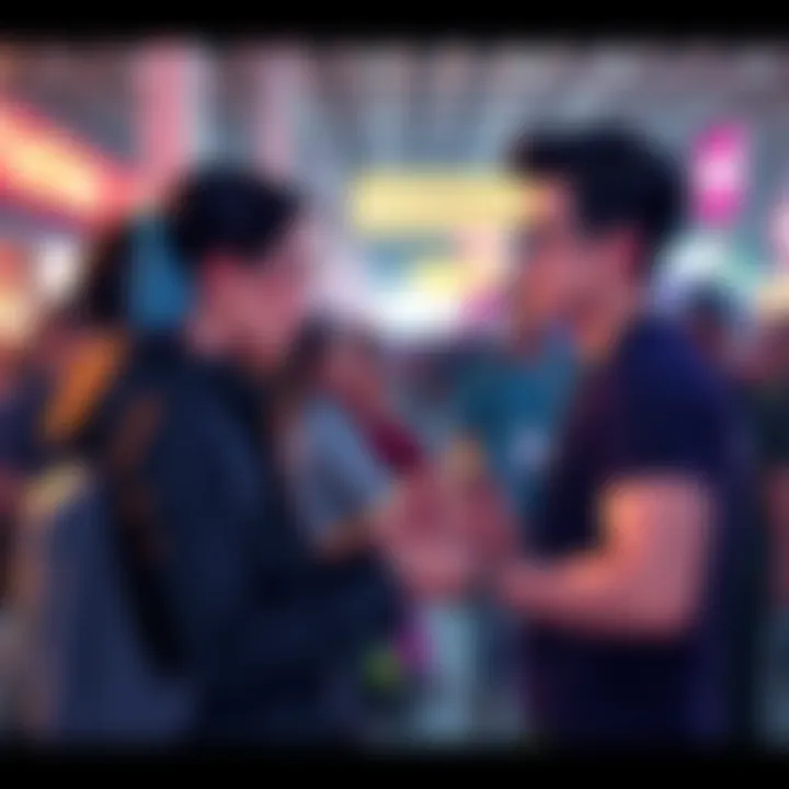 Person interacting with a VTuber named Favorite during a convention, with fans and merchandise nearby.