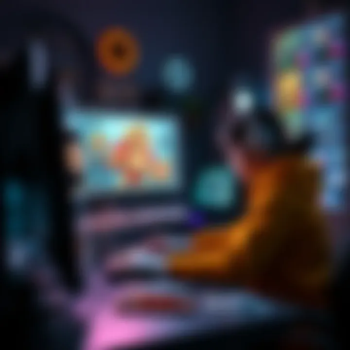 An artist working on a computer to create a VTuber model using Live2D animation software, showcasing vibrant character designs and digital tools.