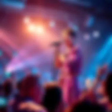 A popular VTuber in a colorful outfit singing into a microphone with bright lights and a cheering crowd.