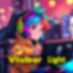 A vibrant Vtuber character with colorful hair and lively expression, engaging with fans through a streaming setup, featuring gaming elements in the background.