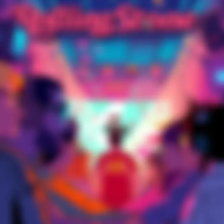 A vibrant illustration of VTubers from VShojo and Hololive entertaining a digital audience with colorful backgrounds and animated characters