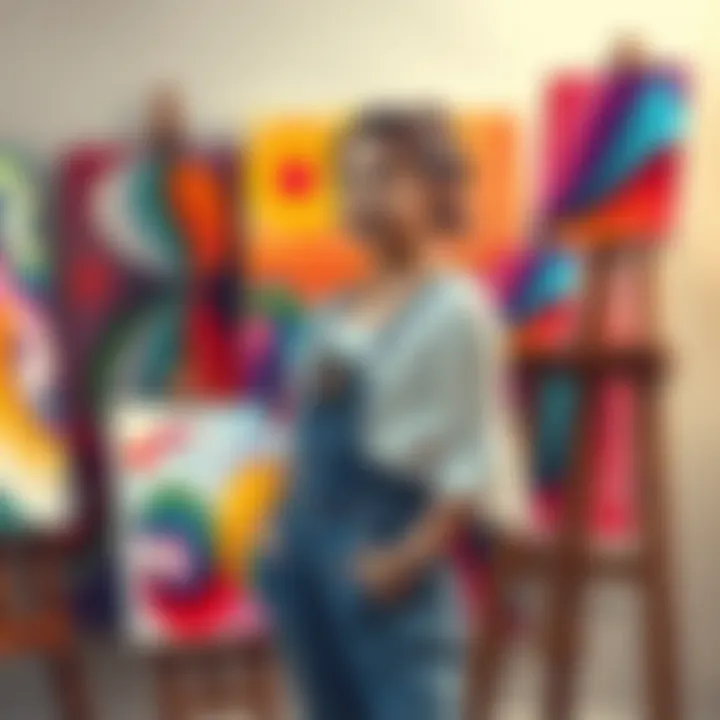 Vyxenova stands in her studio surrounded by colorful canvases, showcasing her unique art style.