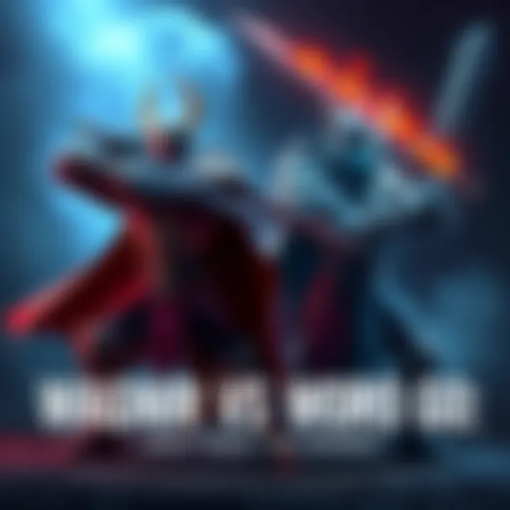 Wagnir and Woro Go in an intense battle stance, ready to clash with swords raised, showcasing their unique armor and weapons.