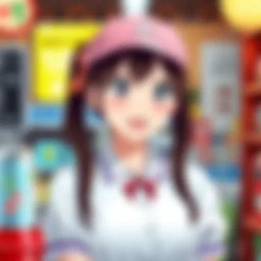 A friendly anime-inspired store clerk in a konbini, wearing a cute uniform and greeting customers with a smile.