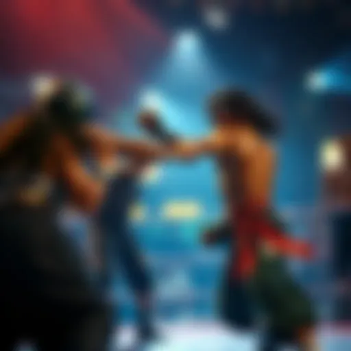 Waka showcasing his unique fighting style during a sparring match, surrounded by other fighters watching closely