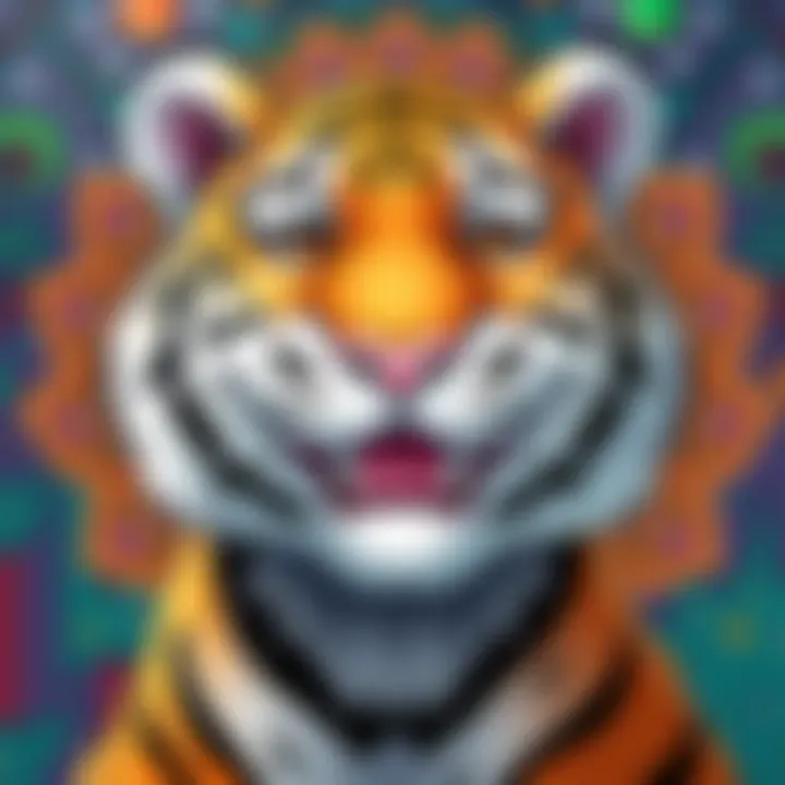 A coloring page featuring Wakatsuki The Mild Tiger, showcasing its friendly face and playful expression, surrounded by colorful patterns
