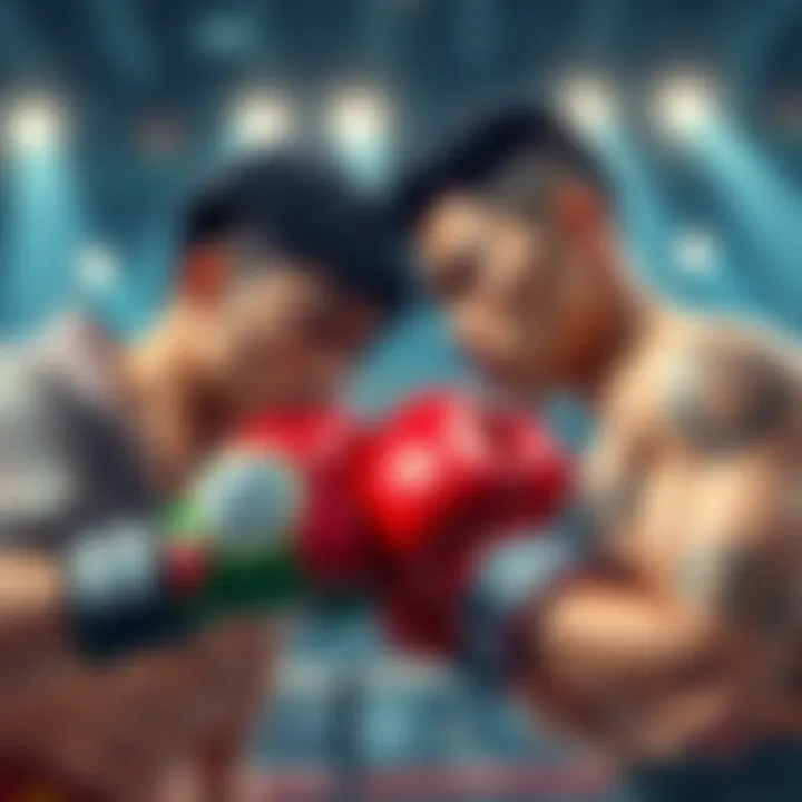 Wakatsuki Takeshi and Lu Tian Faceoff Wakatsuki Takeshi and Lu Tian in a boxing ring, ready to compete against each other with intense expressions.