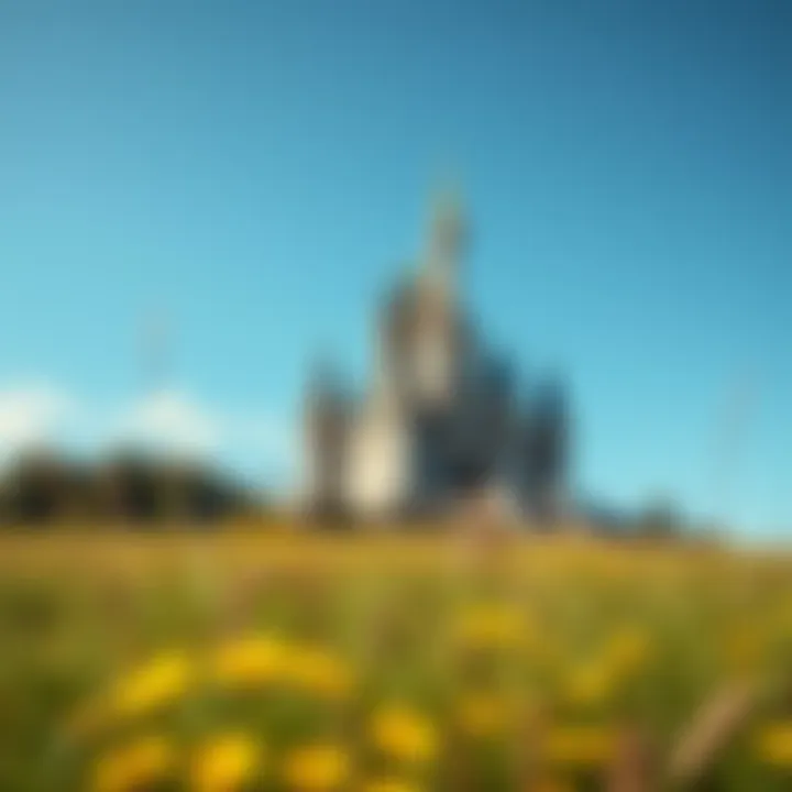 A grand castle with legs strolling through a grassy field under a blue sky