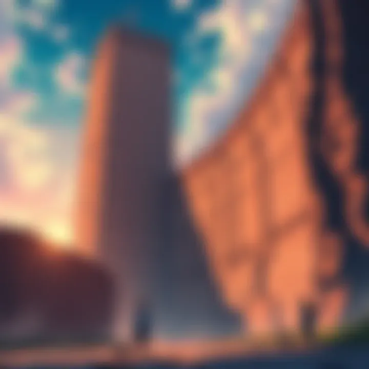 A tall, imposing wall representing the Walls from the anime, towering over small characters at its base, giving a sense of scale and height.