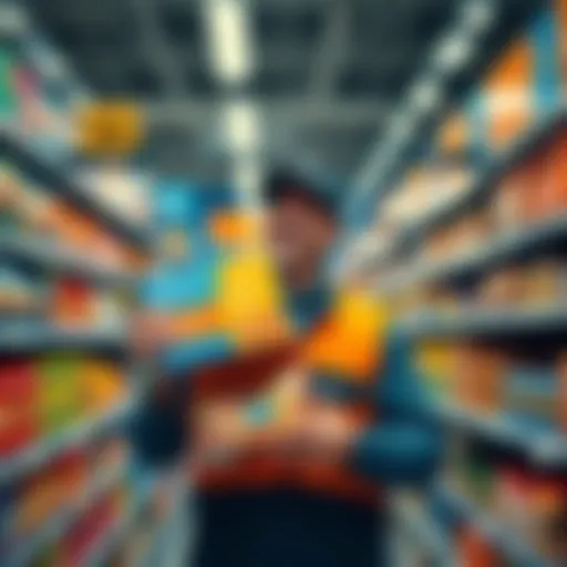 A Walmart team leader holding a PDQ display item with a delighted expression in a store aisle