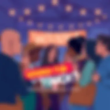 Wanna Touch? Trend Illustration A diverse group of people engaging in a lively discussion about personal boundaries and consent, with an eye-catching banner saying 'Wanna Touch?' in vibrant colors.