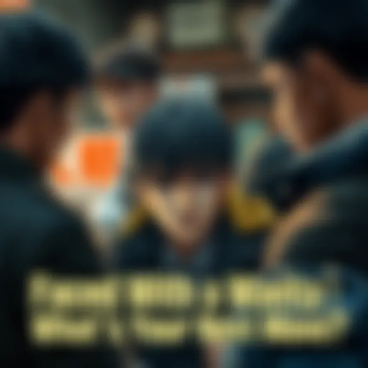 A tense scene depicting a character resembling Tenma, looking apprehensive as people discuss his wanted status, creating an atmosphere of dilemma and moral choices.