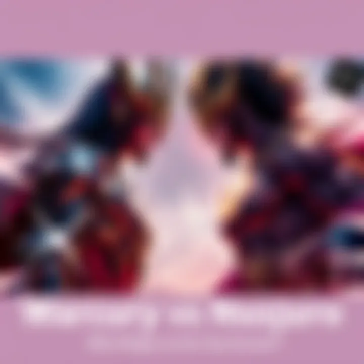 A dramatic scene showing Warcury and Nusjuro facing each other, both radiating strength and power, ready for a fierce competition.