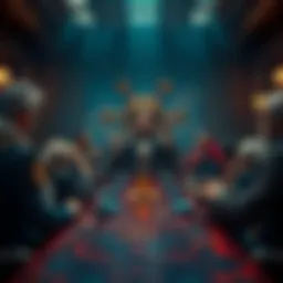 Depiction of powerful figures in a meeting room discussing warlord policies, featuring characters that resemble Kaido and Whitebeard, with a tense atmosphere.