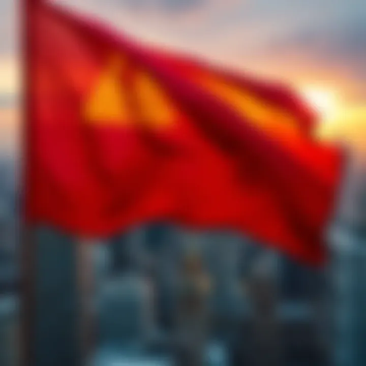 A close-up of a red flag waving in the wind, symbolizing alerts and warnings. The background shows a blurred cityscape, indicating urgency.