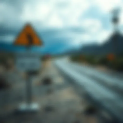 A road sign indicating danger, with a backdrop of a deserted area, showcasing the need for caution in certain places.
