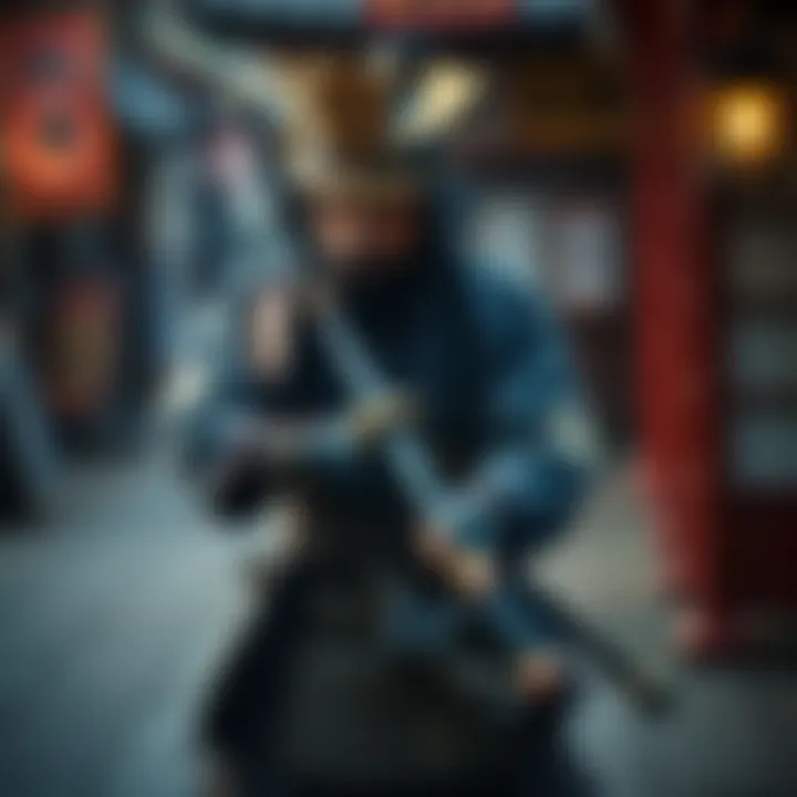 A fierce warrior stands in a traditional stance with a katana, ready for a duel, with a determined look on their face.