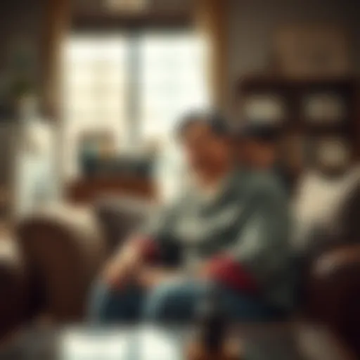 Wasuke, an older man with a gentle demeanor, sits with his grandson Yuji in a warm living room. They share a quiet moment, with Wasuke smiling and Yuji leaning against him, reflecting love and resilie...