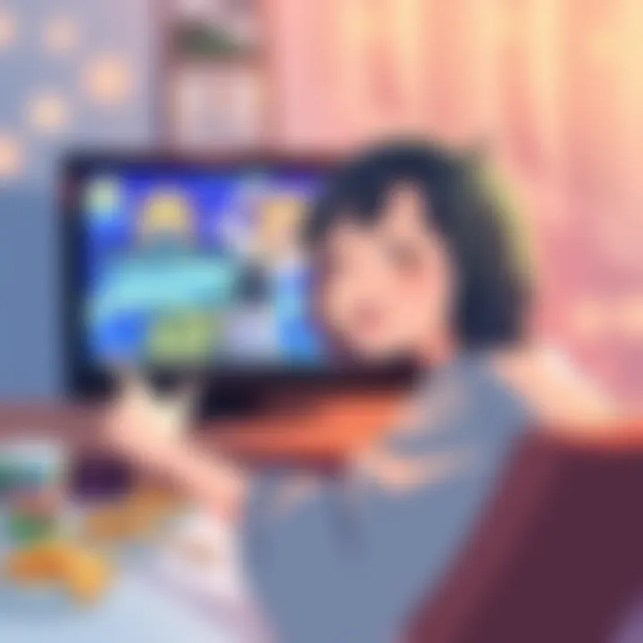 A person smiling while watching an anime on a screen, giving a nostalgic and joyful reaction, surrounded by snacks and cozy atmosphere.