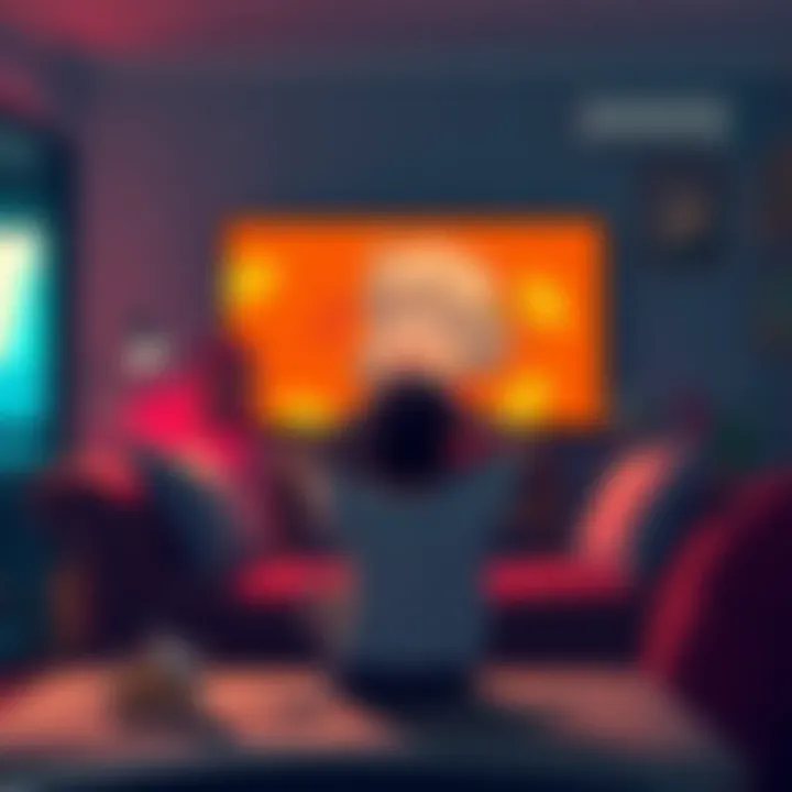 A person sitting on a couch, frustrated while watching a Japanese show without subtitles on the screen, surrounded by snacks and a remote control.