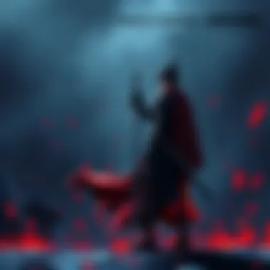 A character from Berserk standing with a sword, ready for battle, with a dark fantasy background.
