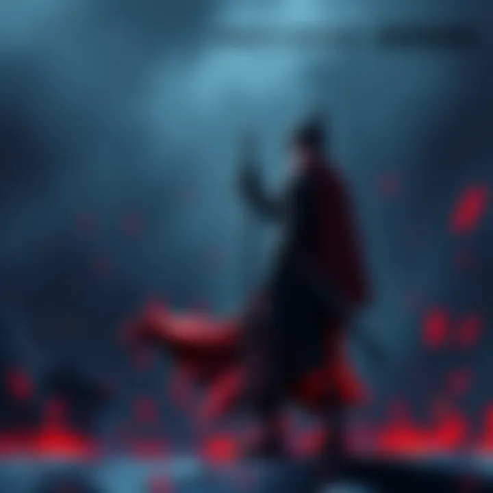 A character from Berserk standing with a sword, ready for battle, with a dark fantasy background.