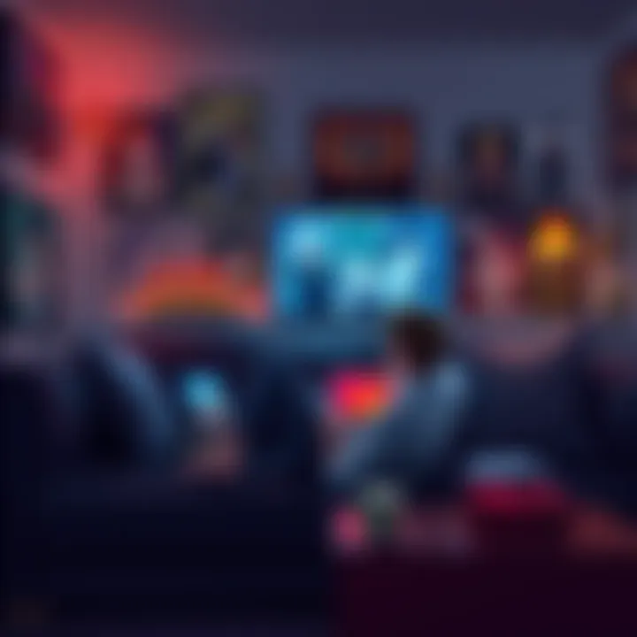 A person sitting on a couch with snacks and a laptop, intently watching Demon Slayer, surrounded by anime posters and decor.