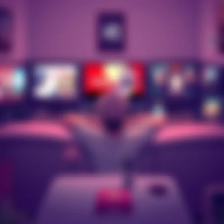 Watching Multiple Anime Series A person relaxing on a couch, watching multiple anime series on different screens, surrounded by anime merchandise.