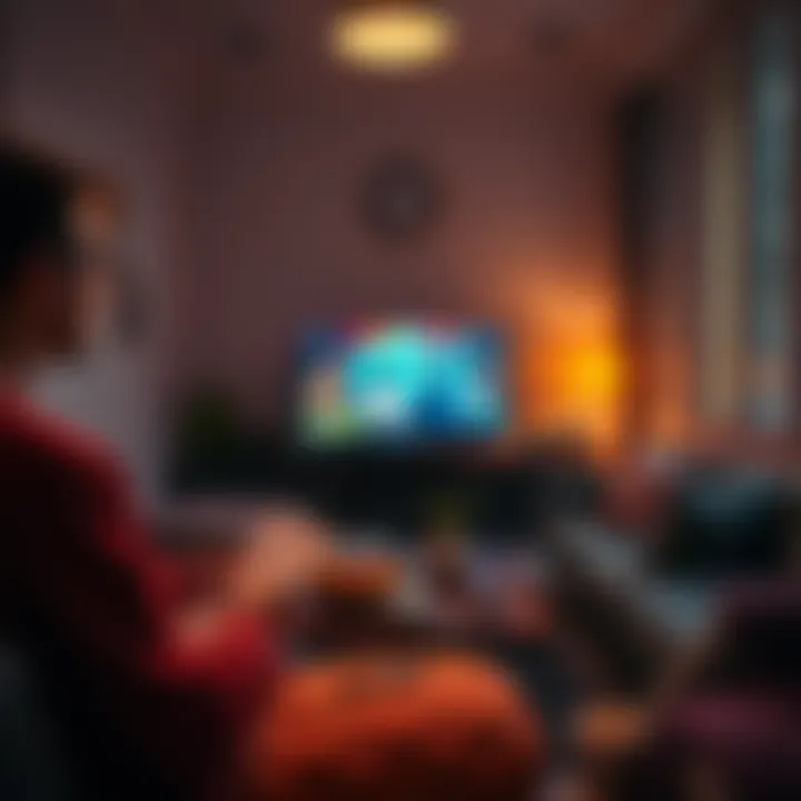 A cozy living room scene with a person watching a new show on a TV, surrounded by snacks and a notebook for notes, preparing to watch episodes mindfully in Spanish or Hindi.