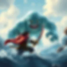 A water giant made of jelly faces off against a one-handed sword fighter in an action-packed scene.