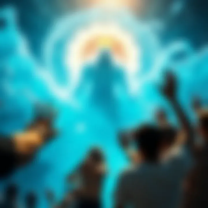A dramatic scene showing the Water God from One Piece, surrounded by water and light, with fans reacting in excitement.