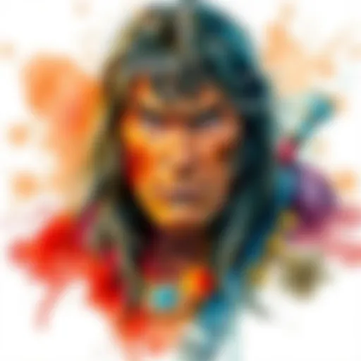 A watercolor painting in progress showcasing Conan with intricate details and vibrant colors.