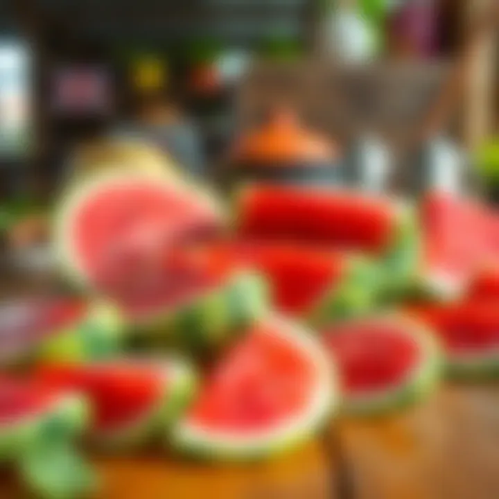Fresh watermelon slices A vibrant display of fresh watermelon slices on a wooden table with a summery background.