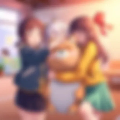 Shiori, Ollie, and Risu giving hugs to Wawa in a cheerful setting