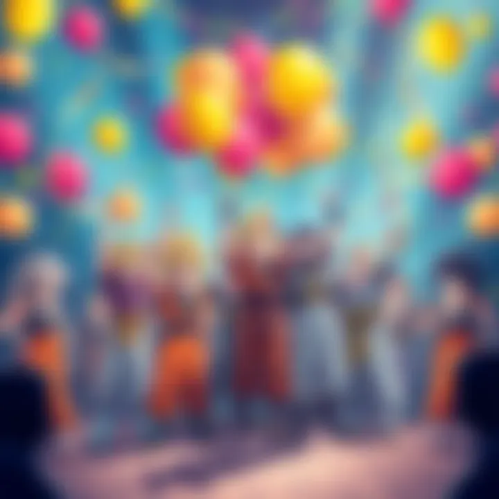 A vibrant graphic showing a group of Saiyan characters celebrating with balloons and streamers, representing community joy and excitement for reaching 1 million views.