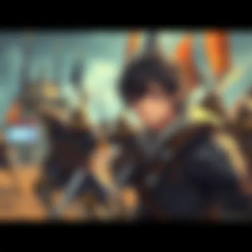 A scene of a weak male character training with city guards as goblins invade a town, depicting struggle and growth.