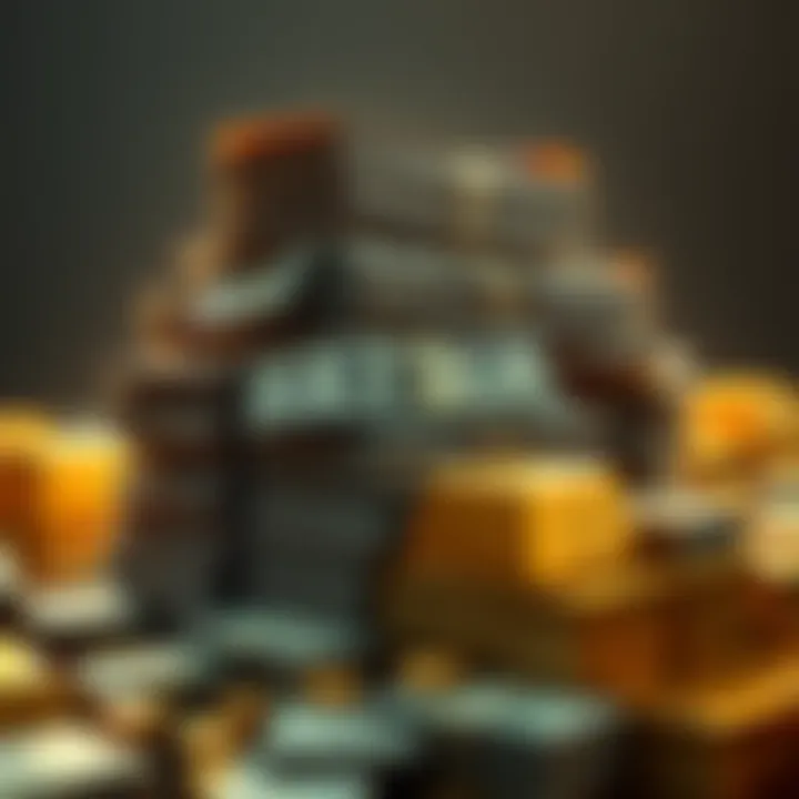 Stack of Money A large stack of cash and gold bars representing immense wealth