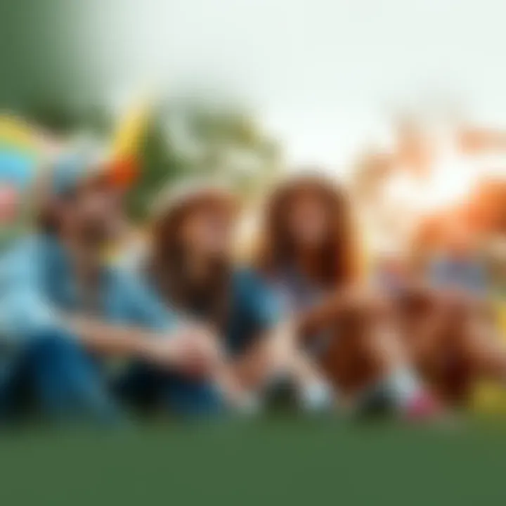 A group of friends enjoying outdoor activities together, laughing and relaxing in nature, surrounded by trees and sunshine.