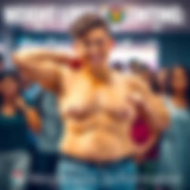 Weight Loss Transformation A person showing off their weight loss achievement with a confident smile, highlighting their fit physique. Surrounding reactions from people can be seen in the background.