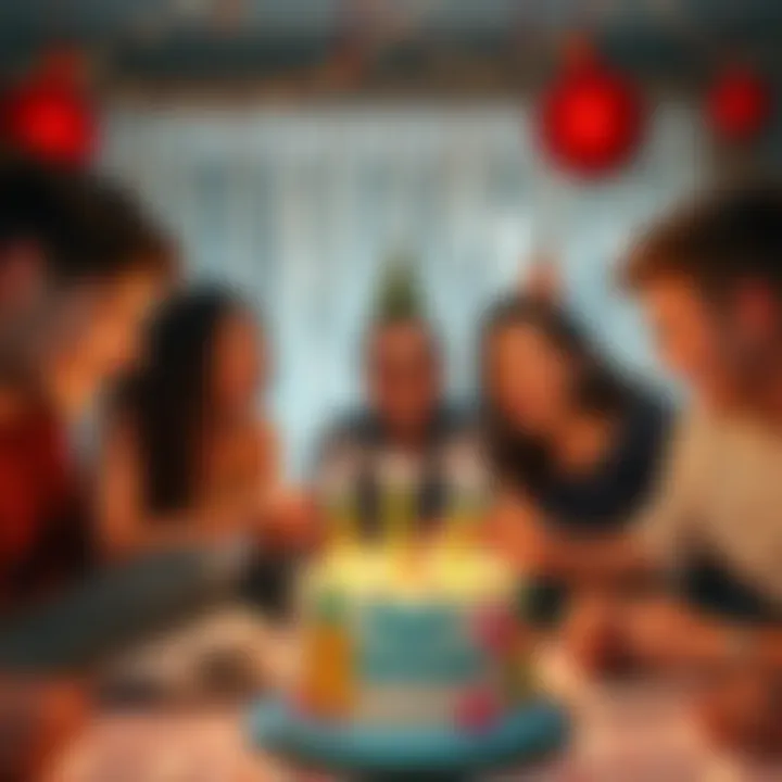 A group of friends celebrating Weiss's birthday with cake and decorations, enjoying fun moments together.